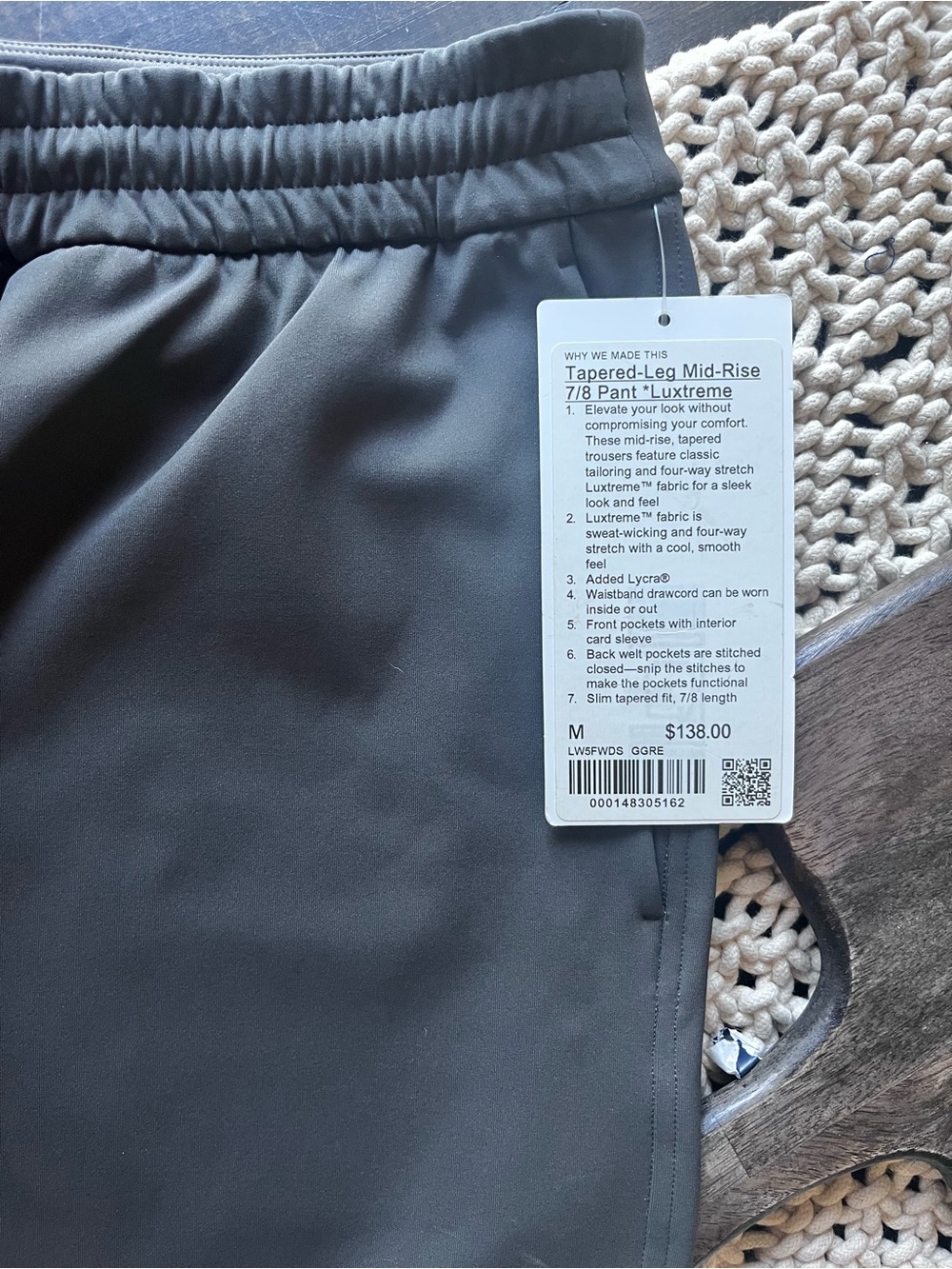 Lululemon New Graphite Grey Tapered-Leg Mid-Rise 7/8 Pants Size M NWT